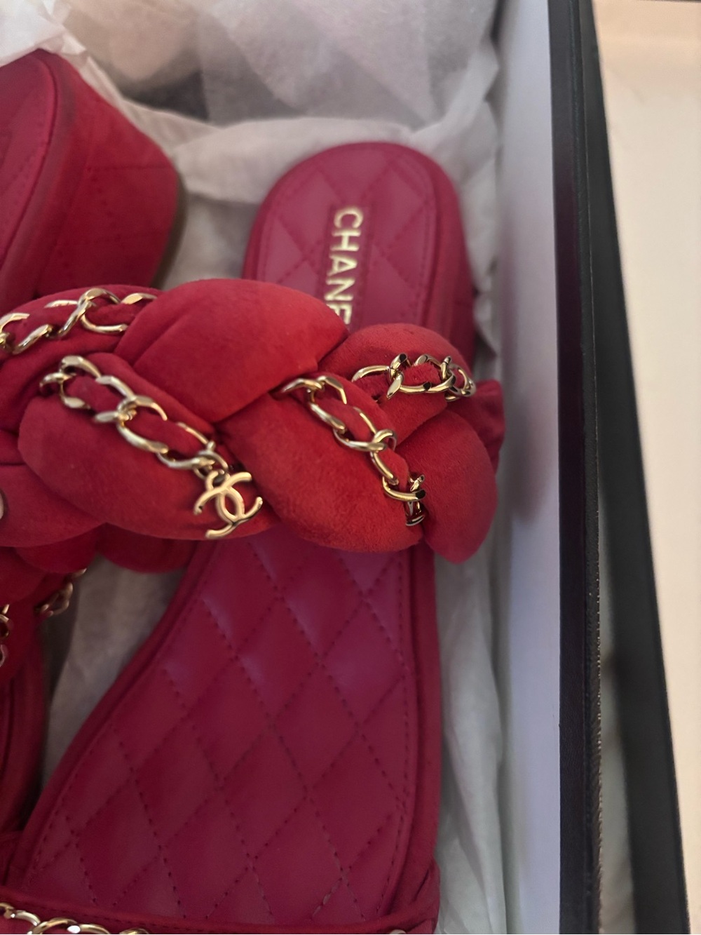 CHANEL Red Quilted Slide Mules with Gold Chain Trim - Picture 2 of 8